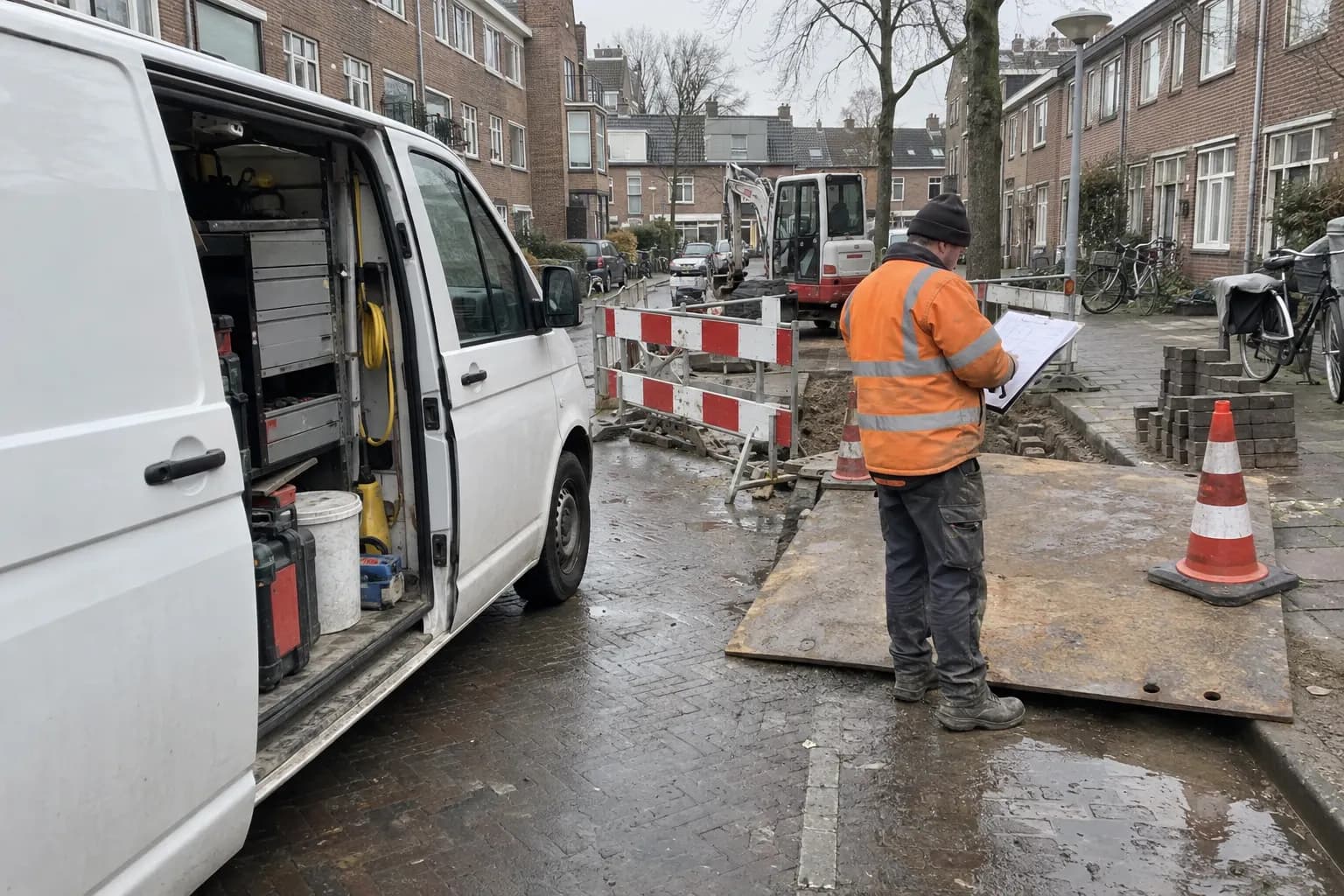 Bedrijfsbus van Appelman in een woonstraat, met afzetting en een vrij looppad
