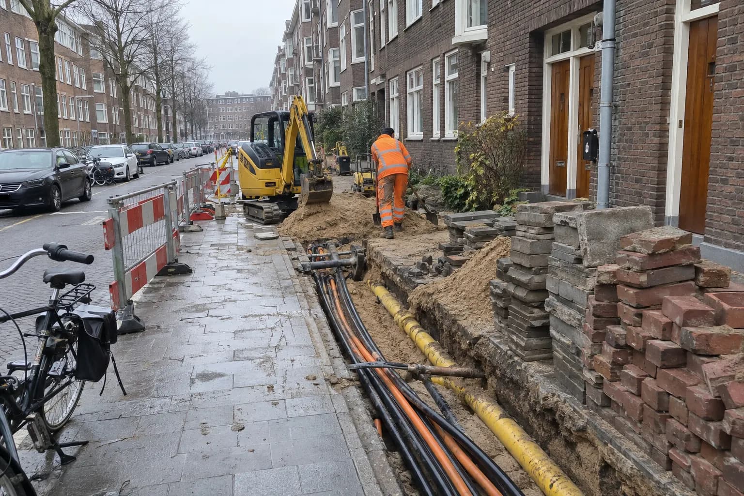 Open sleuf in de stoep van een woonstraat met nieuwe gasleiding en kabelbuizen, een minigraver en een grondwerker