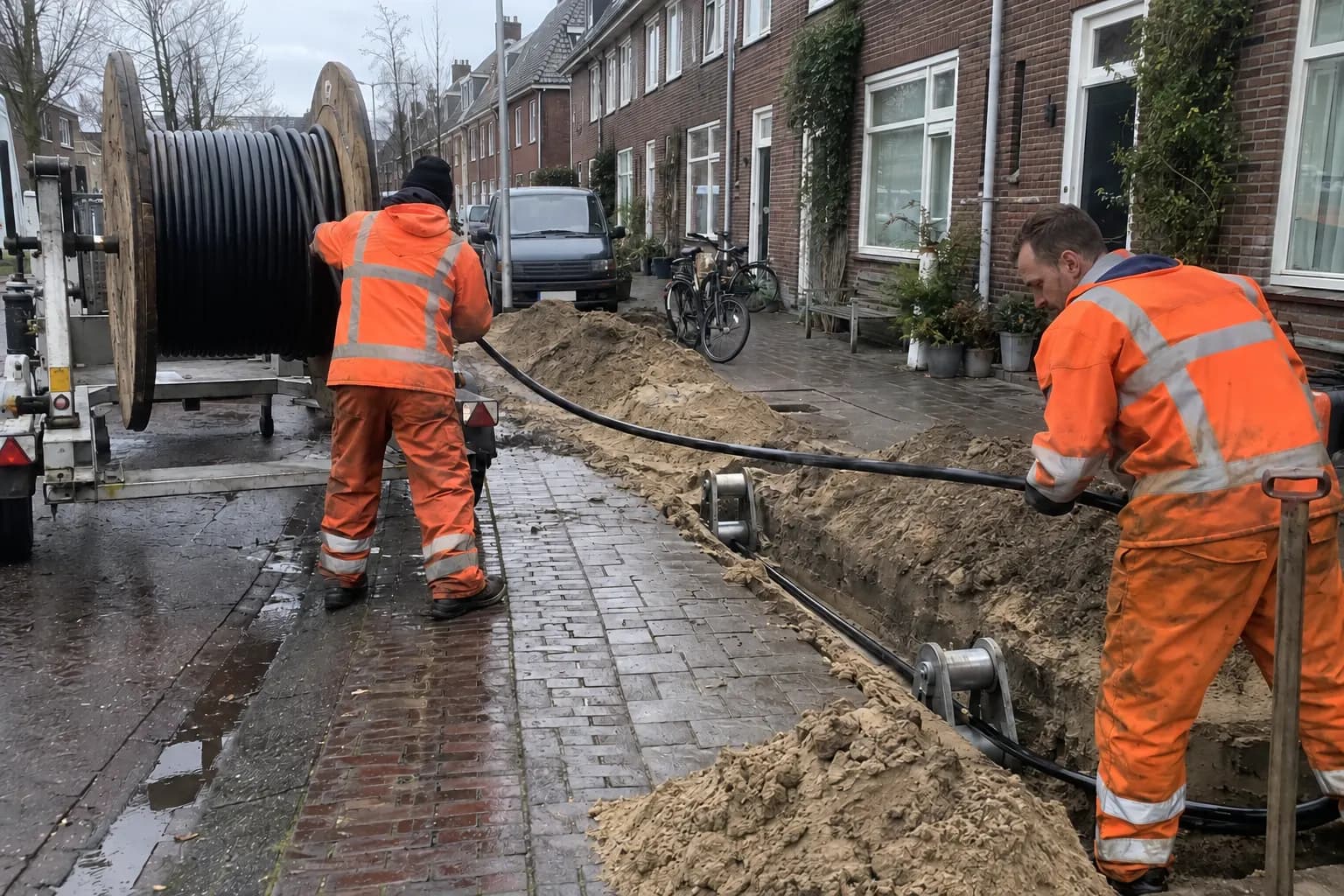 Kabels en leidingbuizen netjes naast elkaar in een open sleuf