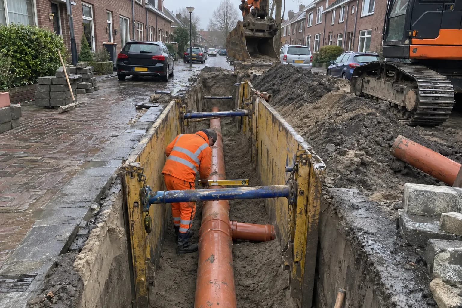 Rioolbuis in een sleuf, op afschot gelegd voordat de sleuf wordt aangevuld