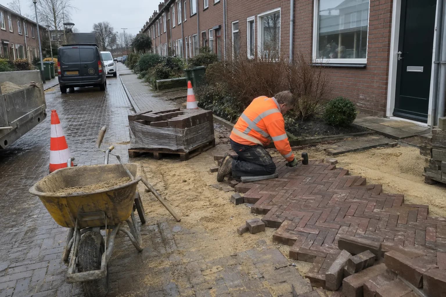 Stratenmaker legt rode klinkers in visgraatverband terug na het leidingwerk